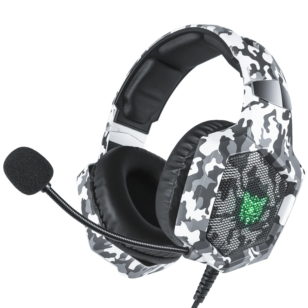 ONIKUMA K8 Beyaz Kamuflaj Kablolu Stereo Gaming Kulaklık Mikrofonlu & LED Işıklar – Rahat, Dayanıklı, Plug and Play Gaming Kulaklık